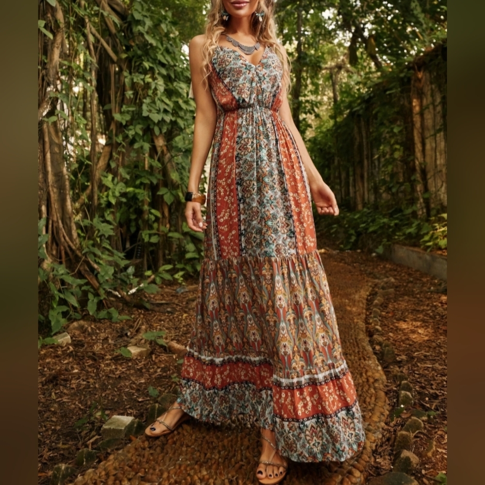 Boho Floral Print Backless Tie Shoulder Ruffle Hem Cami Dress - Picture 2 of 6
